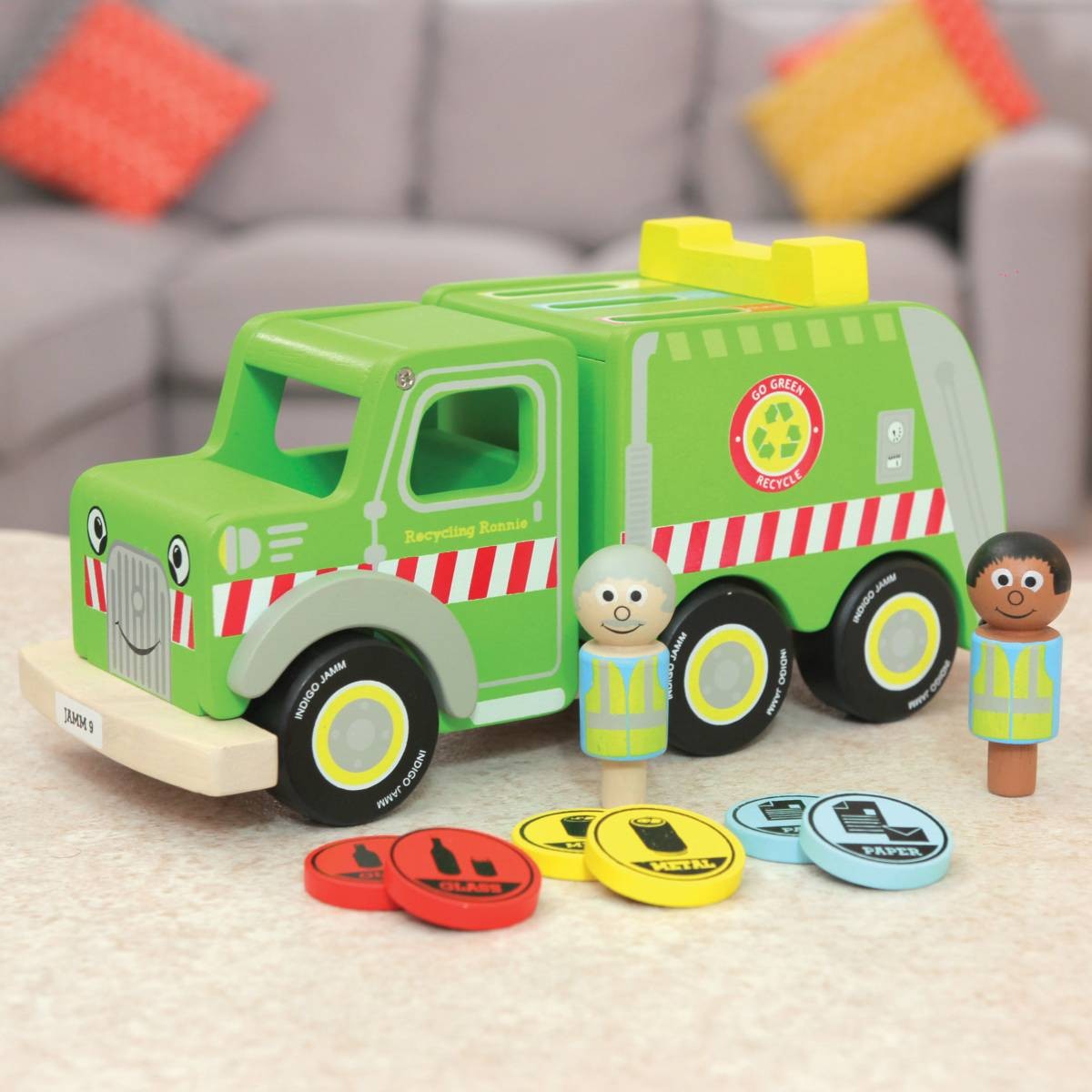 Indigo Jamm Recycling Ronnie Wooden Recycling Truck Toy with Sorting Discs for Kids