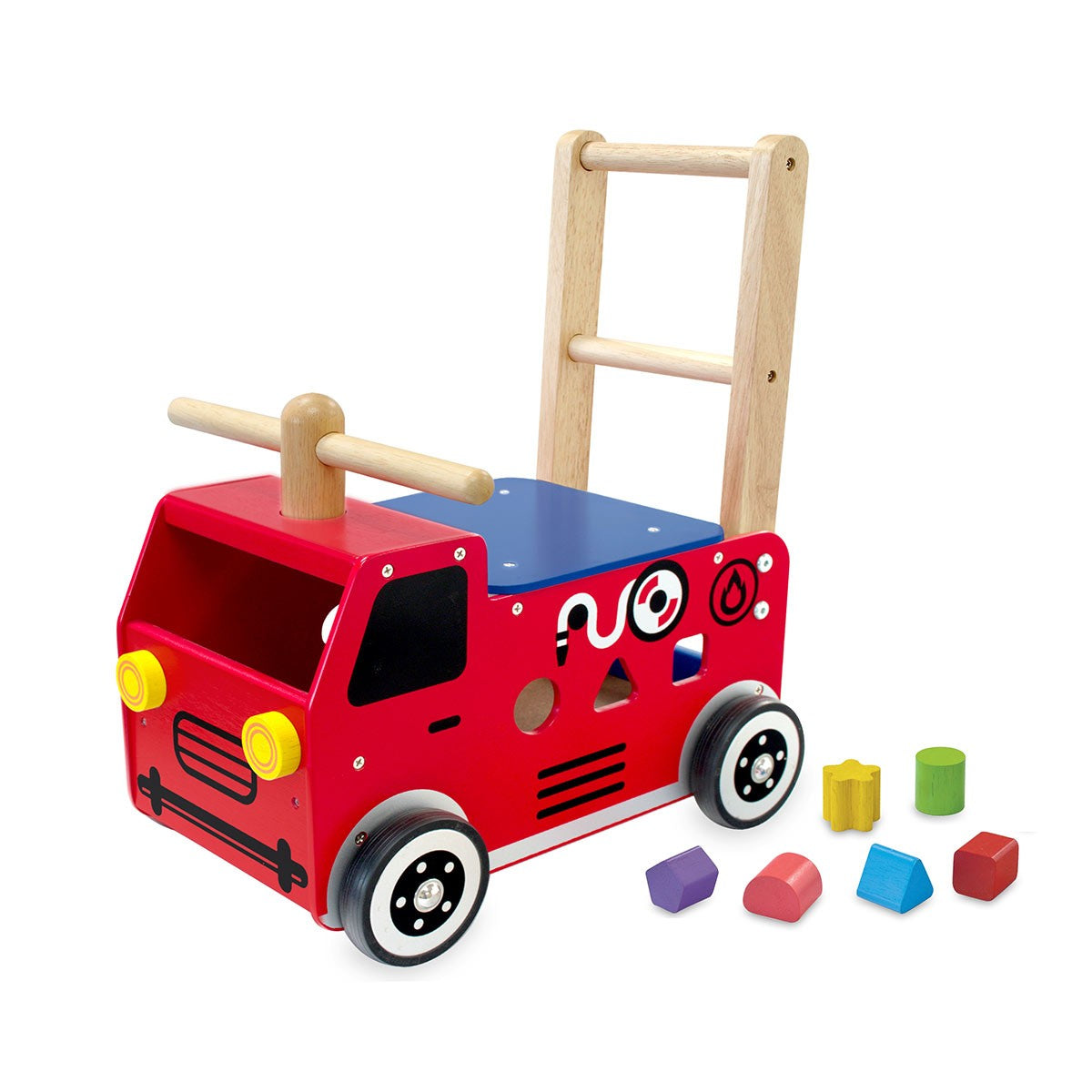 I'm Toy Walk and Ride Fire Engine Wooden Shape Sorter Ride-On Toy for Toddlers