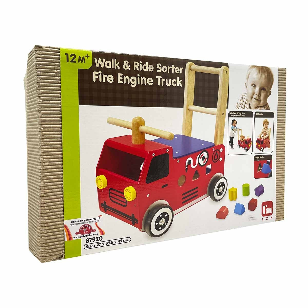 I'm Toy Walk and Ride Fire Engine Wooden Shape Sorter Ride-On Toy for Toddlers