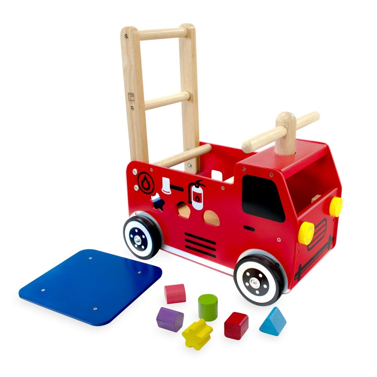 I'm Toy Walk and Ride Fire Engine Wooden Shape Sorter Ride-On Toy for Toddlers
