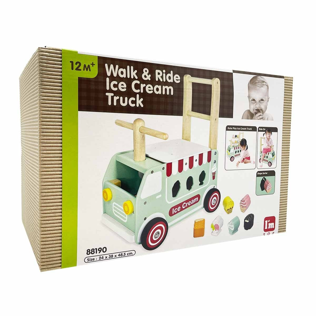 I'm Toy Wooden Ice Cream Truck Sorter Walk and Ride On Toy for Toddlers