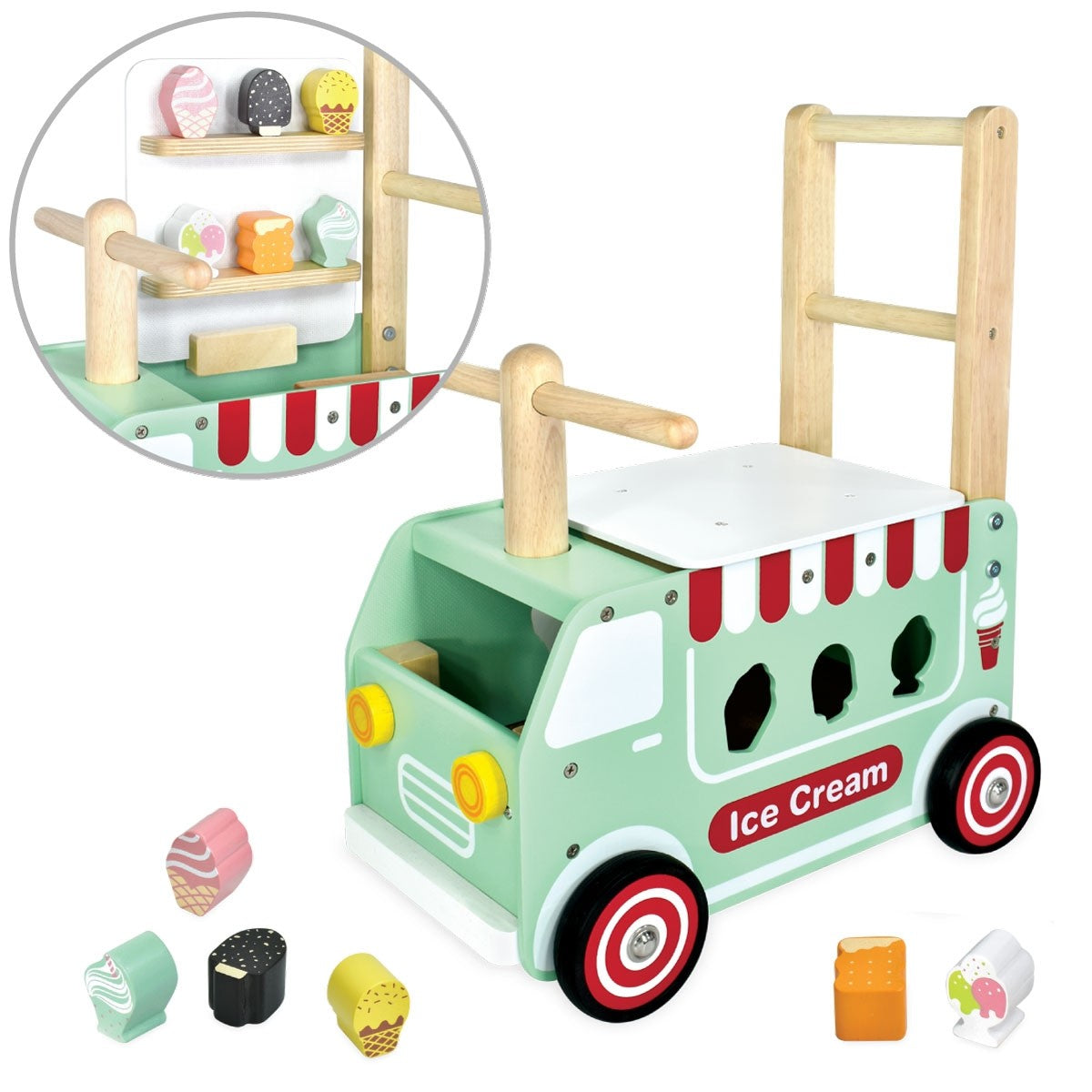 I'm Toy Wooden Ice Cream Truck Sorter Walk and Ride On Toy for Toddlers