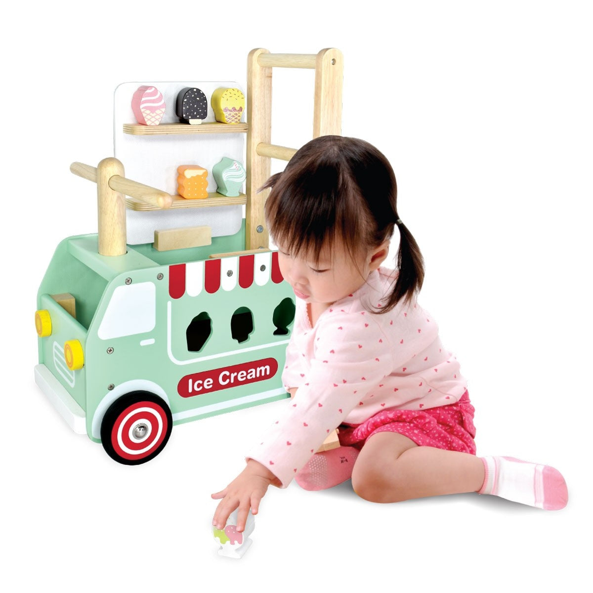 I'm Toy Wooden Ice Cream Truck Sorter Walk and Ride On Toy for Toddlers