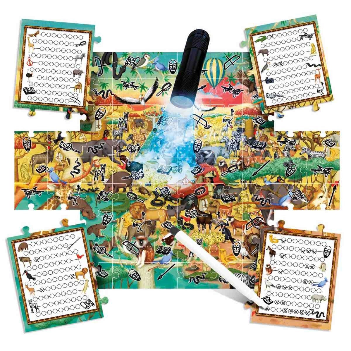 Headu Safari Animals Puzzle with Observation Cards and UV Torch