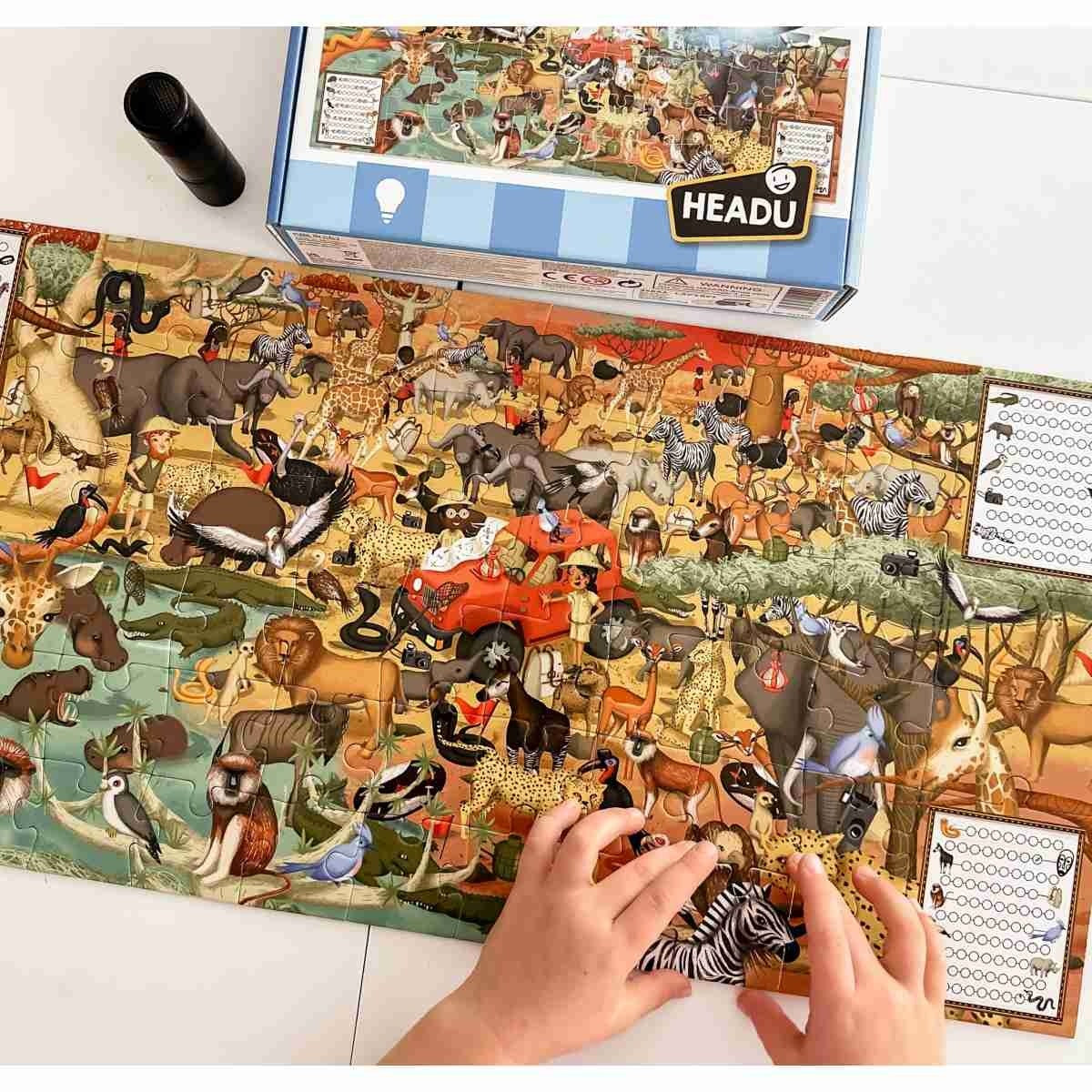 Headu Safari Animals Puzzle with Observation Cards and UV Torch