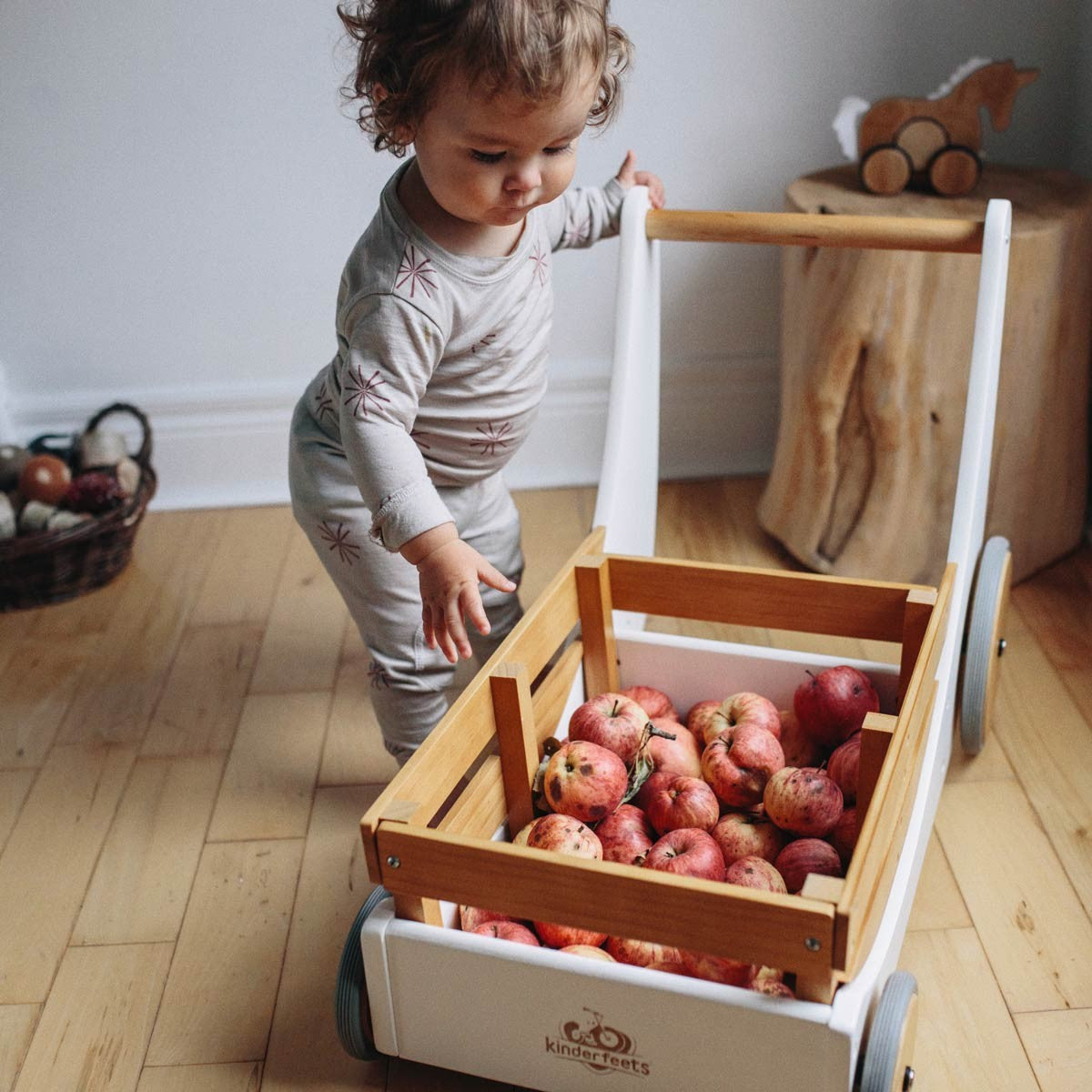 Kinderfeets Cargo Walker White Wooden Push Toy with Storage for Toddlers