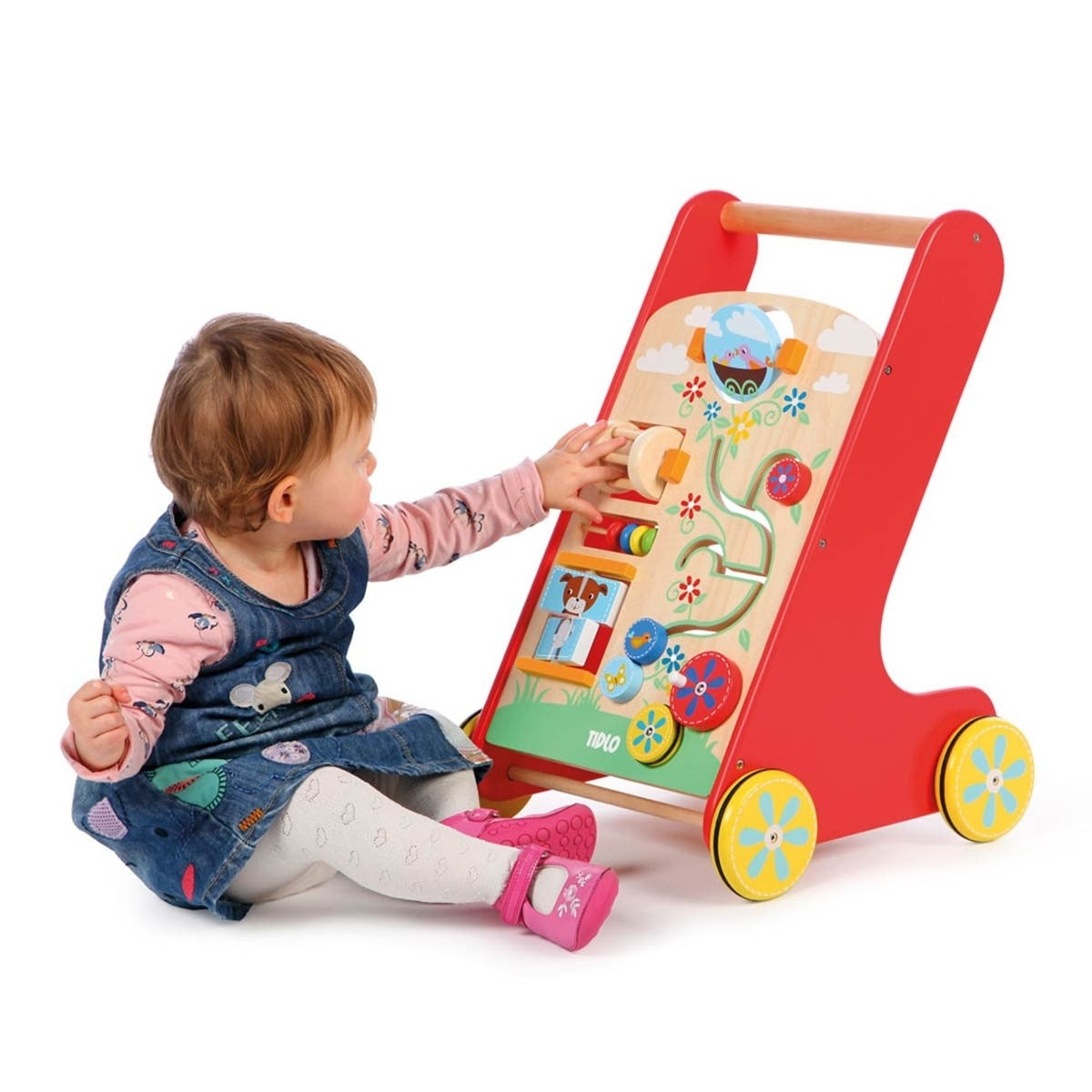 Tidlo Wooden Activity Walker for Toddlers Baby Push Toy with Educational Learning Games