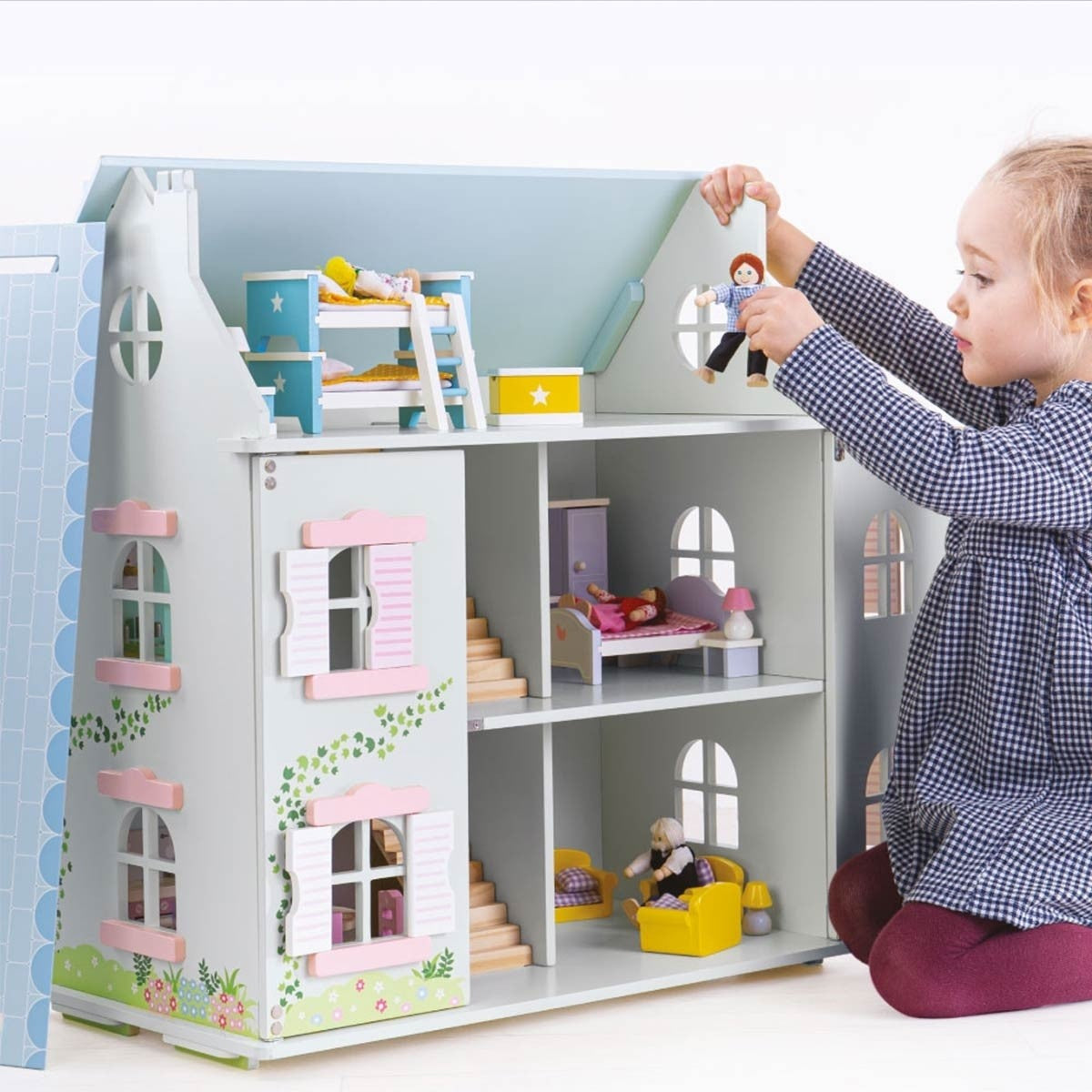 Tidlo Ivy Wooden Doll House 3 Story Dollhouse with Furniture for Kids Pretend Play