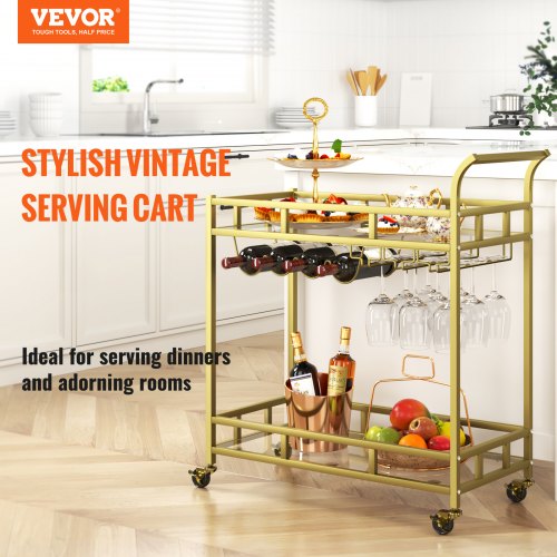 VEVOR 2 Tier Bar Cart Gold Rolling Alcohol, Wine Rack For Kitchen and Dining