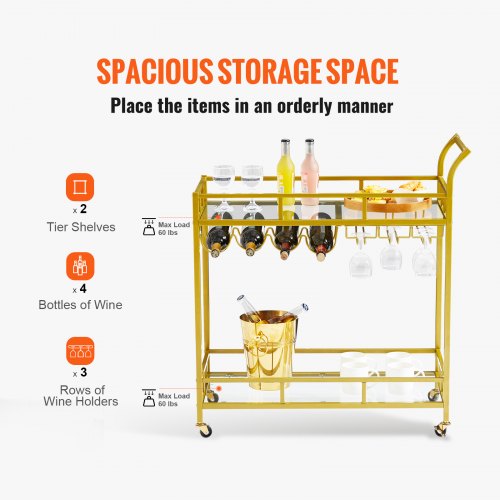 VEVOR 2 Tier Bar Cart Gold Rolling Alcohol, Wine Rack For Kitchen and Dining