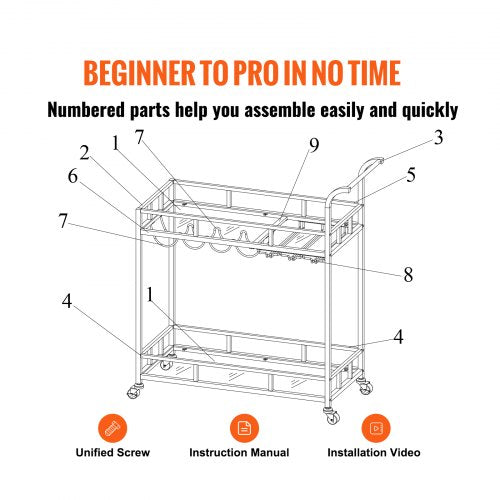VEVOR 2 Tier Bar Cart Gold Rolling Alcohol, Wine Rack For Kitchen and Dining