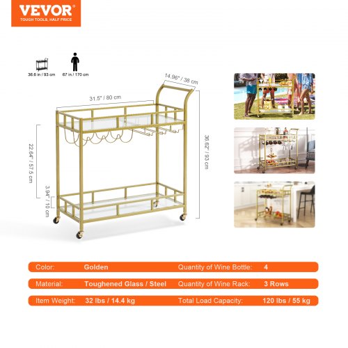 VEVOR 2 Tier Bar Cart Gold Rolling Alcohol, Wine Rack For Kitchen and Dining