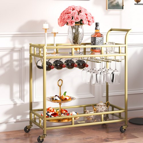 VEVOR 2 Tier Bar Cart Gold Rolling Alcohol, Wine Rack For Kitchen and Dining