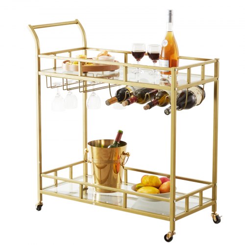 VEVOR 2 Tier Bar Cart Gold Rolling Alcohol, Wine Rack For Kitchen and Dining