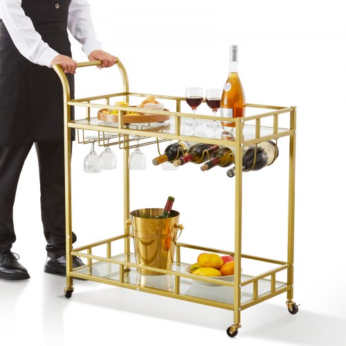 VEVOR 2 Tier Bar Cart Gold Rolling Alcohol, Wine Rack For Kitchen and Dining