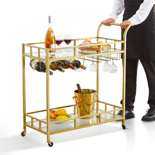 VEVOR 2 Tier Bar Cart Gold Rolling Alcohol, Wine Rack For Kitchen and Dining