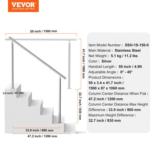VEVOR 59 inch Outdoor Stair Handrails Stainless Steel Porch Deck Rail Kit