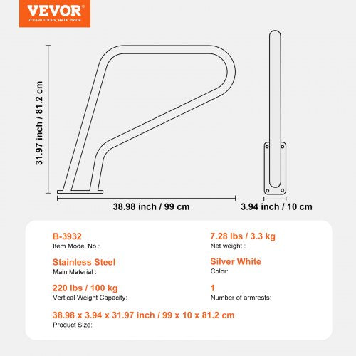 VEVOR Stainless Steel Pool Handrail 39 x 32 inch Rust Proof Grab Bar with Grip