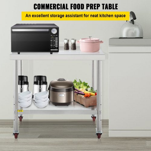 VEVOR 36x24 inch Stainless Steel Kitchen Work Prep Table with Casters