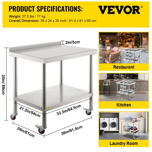 VEVOR 36x24 inch Stainless Steel Kitchen Work Prep Table with Casters