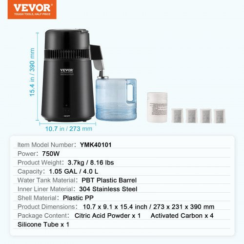 VEVOR Stainless Steel 4L Water Distiller Pure Water Maker Countertop - Black