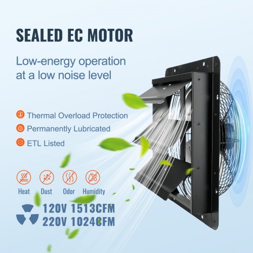 VEVOR Wall Mount Shutter Exhaust Fan 356 mm EC Motor Adjustable Speed