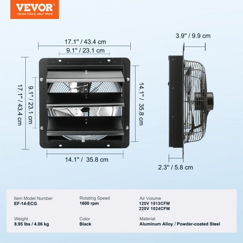 VEVOR Wall Mount Shutter Exhaust Fan 356 mm EC Motor Adjustable Speed