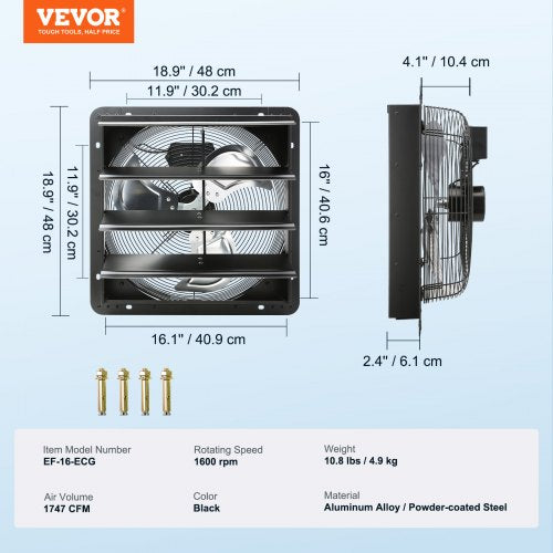 VEVOR 406 mm Shutter Exhaust Fan EC-Motor Wall Mount Variable Speed Ventilation