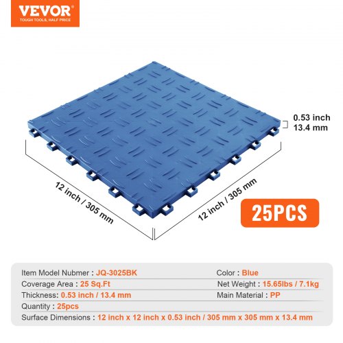 VEVOR 25 Pack Garage Floor Tiles 12x12x0.53 Inch Interlocking Non-Slip - Blue