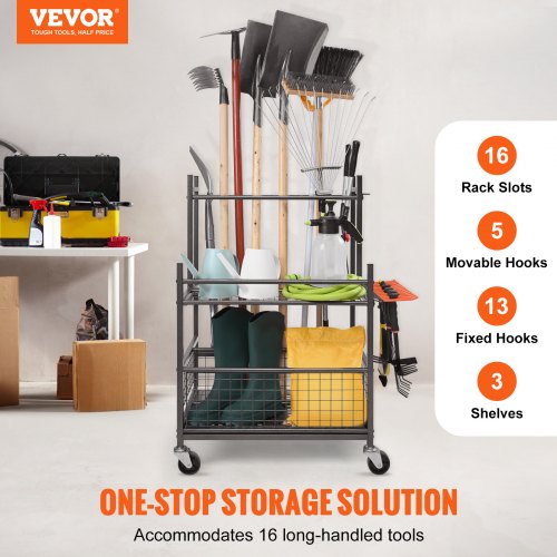 VEVOR Garden Tool Organizer 16 Slot Rack with Wheels for Garage and Outdoor Storage