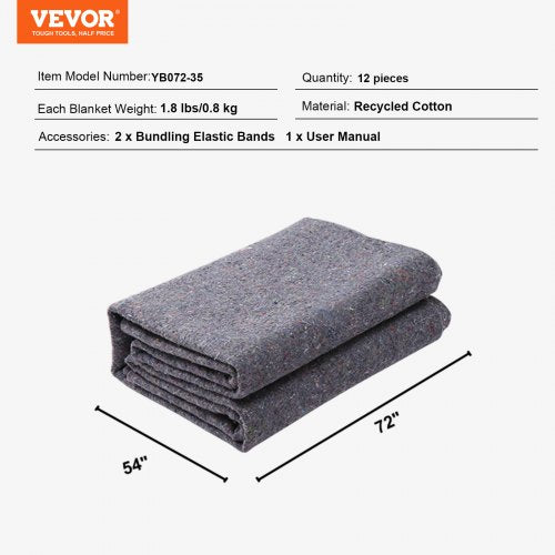 VEVOR 12 Pack Moving Blankets Cotton Heavy Duty Shipping Pads 1829x1372 mm