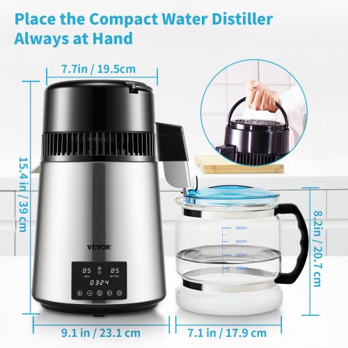 VEVOR 4L Countertop Water Distiller 750W Dual Temp Display 0-99H Timer FDA
