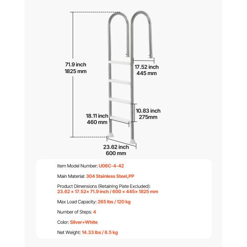 VEVOR Swimming Pool Ladder 4 Step Stainless Steel Double Handrails with 120 kg Load