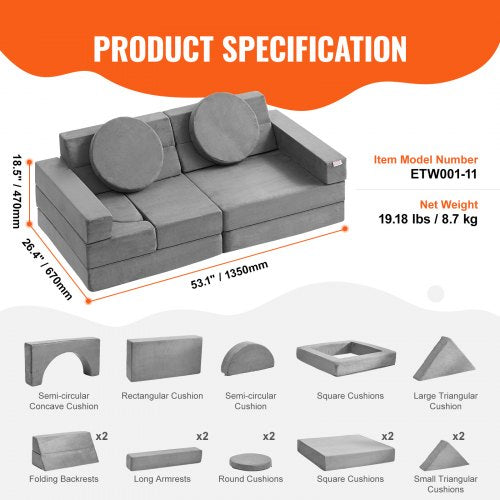 VEVOR 15pcs Modular Kids Nugget Couch Foam Sofa High Density 25D Sponge