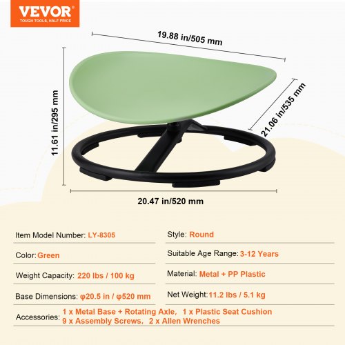 VEVOR Kids Spin Chair Sensory Swivel Chair Non-Slip Metal Base - Green