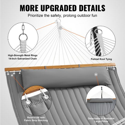 VEVOR 12 FT Double Hammock Quilted Fabric Hardwood Spreader Bars for 2 Person