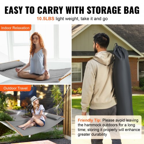 VEVOR 12 FT Double Hammock Quilted Fabric Hardwood Spreader Bars for 2 Person