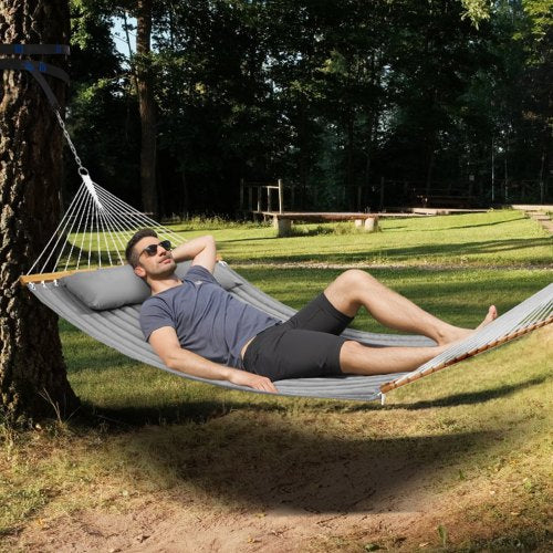 VEVOR 12 FT Double Hammock Quilted Fabric Hardwood Spreader Bars for 2 Person