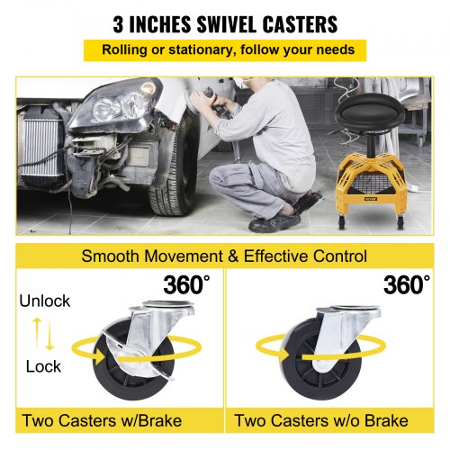VEVOR Adjustable Rolling Garage Stool Mechanic Seat with Tool Tray 360° Swivel Wheels