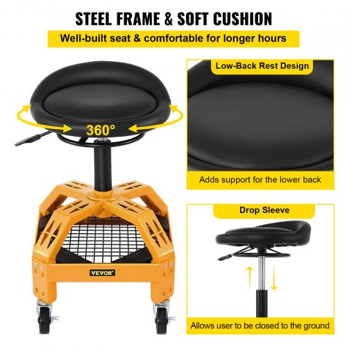 VEVOR Adjustable Rolling Garage Stool Mechanic Seat with Tool Tray 360° Swivel Wheels