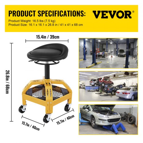 VEVOR Adjustable Rolling Garage Stool Mechanic Seat with Tool Tray 360° Swivel Wheels