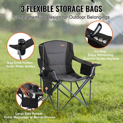 VEVOR Portable Camping Folding Chair Adults Lumbar Support Arm Chairs - Black