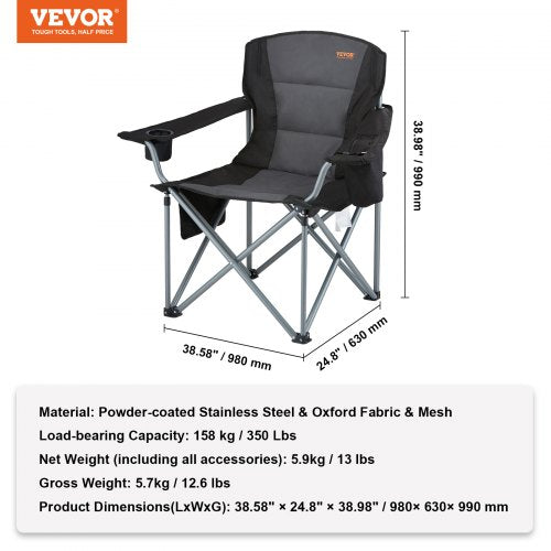 VEVOR Portable Camping Folding Chair Adults Lumbar Support Arm Chairs - Black