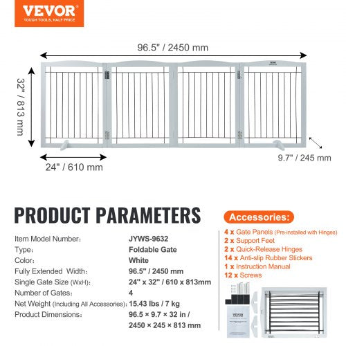 VEVOR Freestanding Dog Gate 32" H x 96.5" W Foldable Pet Barrier - White