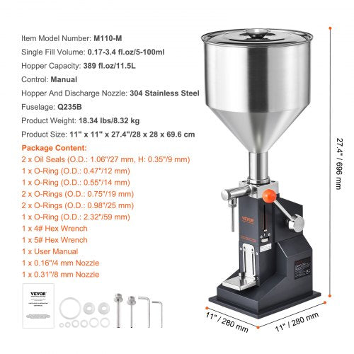 VEVOR Manual Bottle Filler 5-100ml Adjustable Stainless Steel Liquid Filling Machine