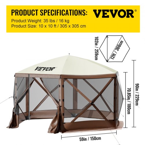 VEVOR 10x10 ft Pop-up Camping Gazebo Canopy Shelter 6 Sided Sun Shade