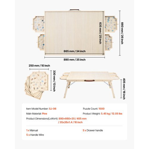 VEVOR 1500 Piece Puzzle Table 86x63cm Folding Legs 4 Drawers Portable Board