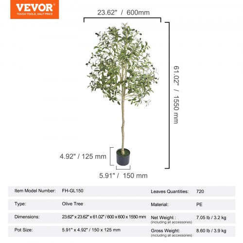 VEVOR 1550mm Artificial Olive Tree Lifelike Faux Potted Plant Home/Office Decor