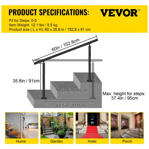 VEVOR Adjustable Outdoor Stair Railing 5 FT Aluminum Handrails for Indoor and Outdoor