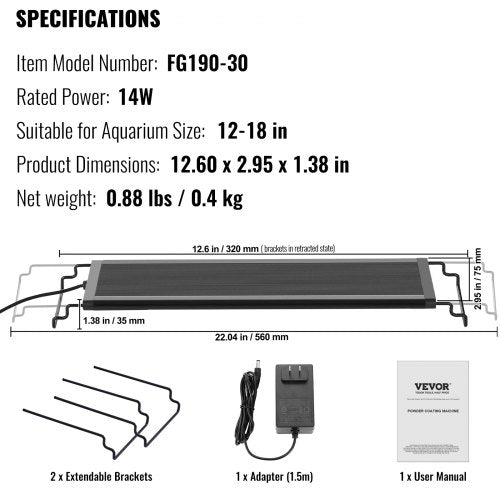 VEVOR 14W Aquarium Light Adjustable Timer 5-Level Brightness Freshwater Tank